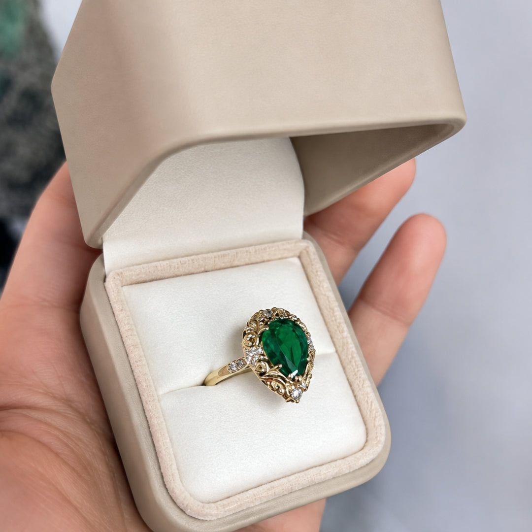 2.85tcw Teardrop Natural Emerald & Diamond Spinkle Scroll Work Vintage Inspired Ring 18K Solid Gold