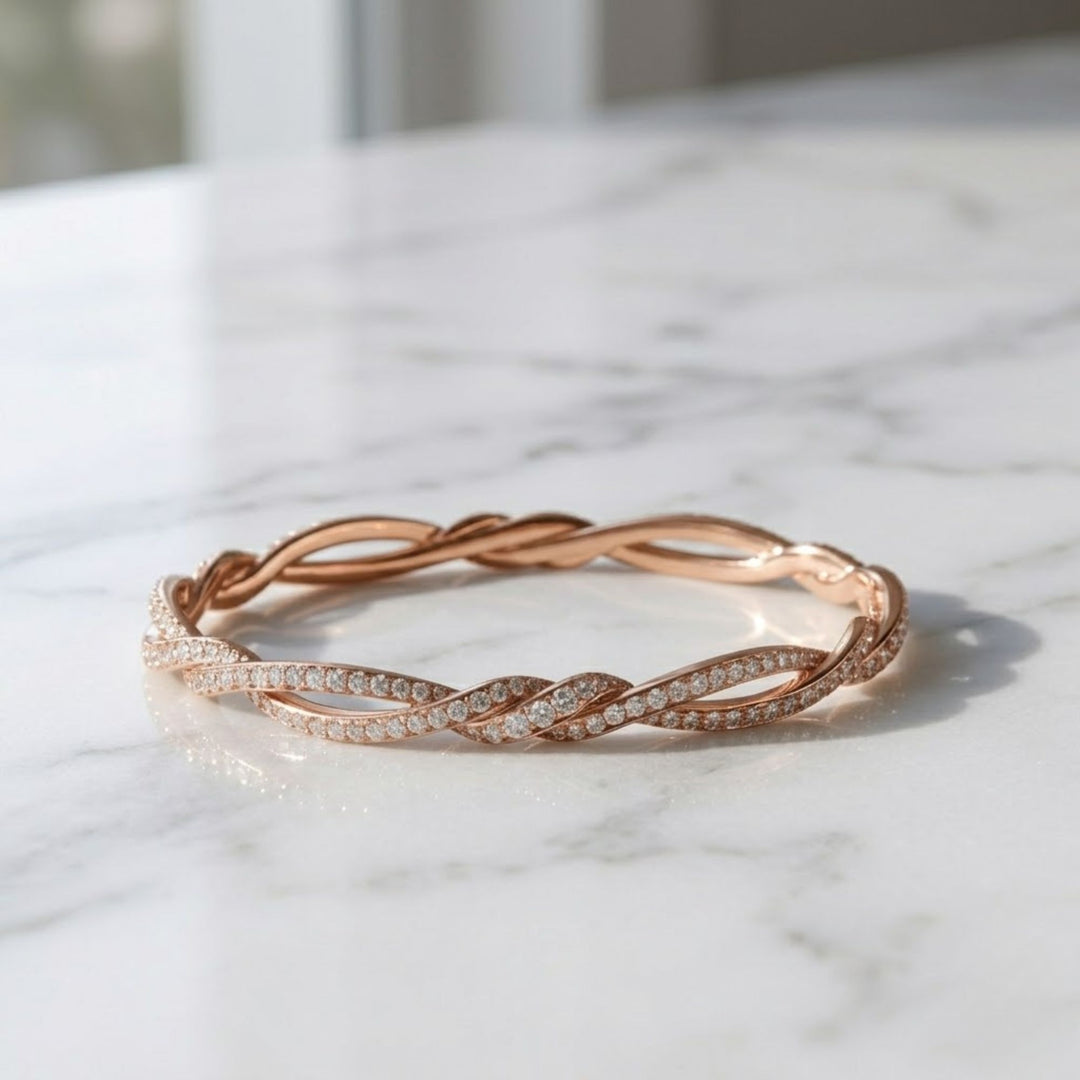 14k Solid Gold Diamond Twist Bangle, Handmade Rope Bracelet