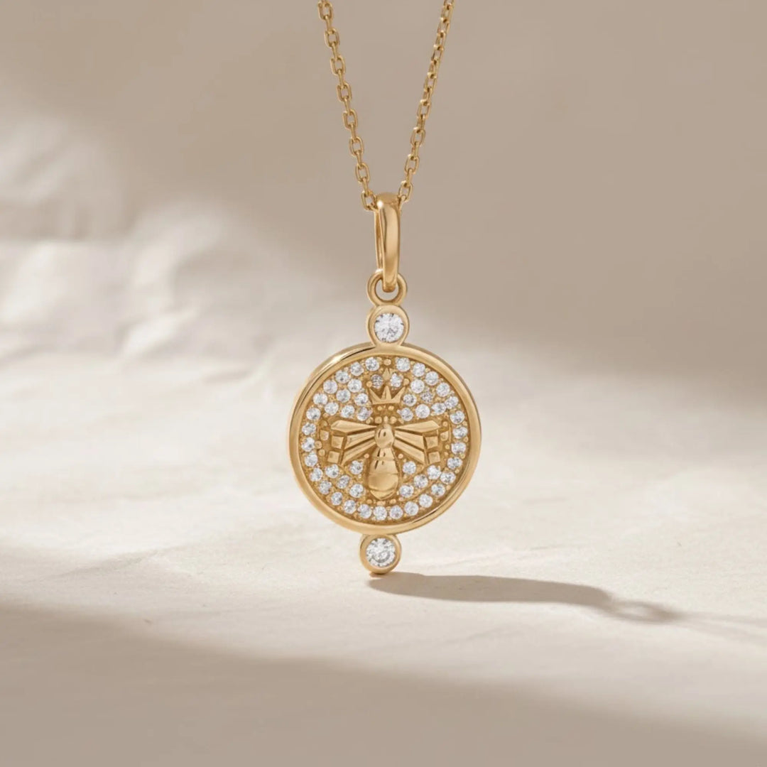 14K Solid Gold Queen Bee Necklace, Pavé Diamond Bee Pendant, Unique Round Pendant, Luxury Gift for Her Jwalin Jewels