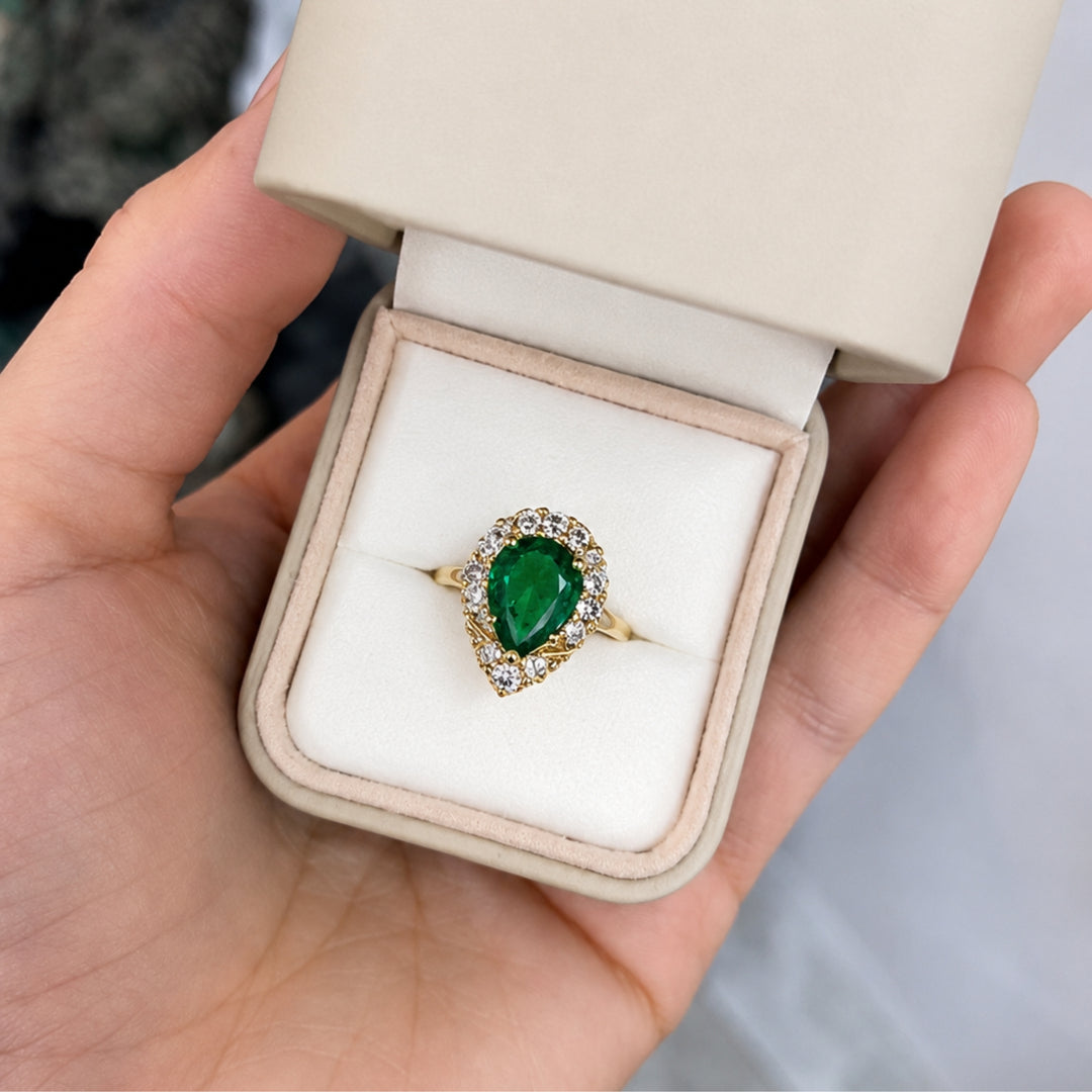 2.85tcw Teardrop Natural Emerald & Diamond Spinkle Scroll Work Vintage Inspired Ring 18K Solid Gold