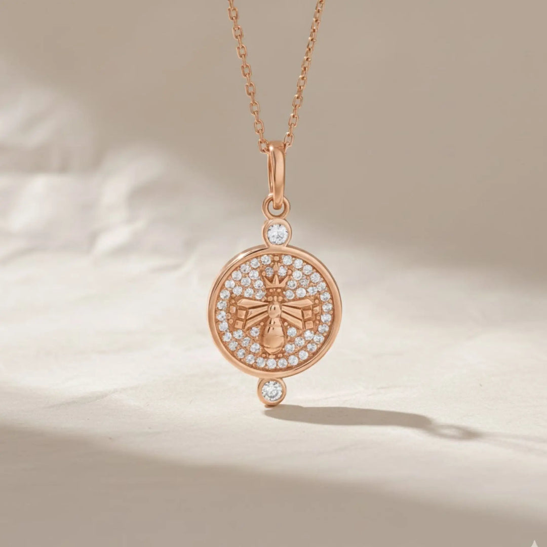 14K Solid Gold Queen Bee Necklace, Pavé Diamond Bee Pendant, Unique Round Pendant, Luxury Gift for Her Jwalin Jewels