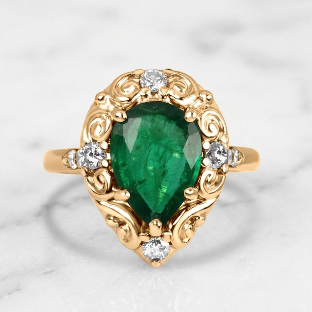 2.85tcw Teardrop Natural Emerald & Diamond Spinkle Scroll Work Vintage Inspired Ring 18K Solid Gold