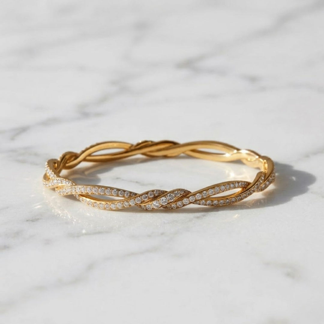 14k Solid Gold Diamond Twist Bangle, Handmade Rope Bracelet