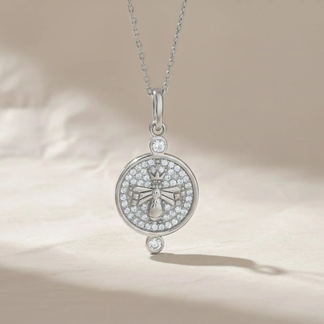 14K Solid Gold Queen Bee Necklace, Pavé Diamond Bee Pendant, Unique Round Pendant, Luxury Gift for Her Jwalin Jewels
