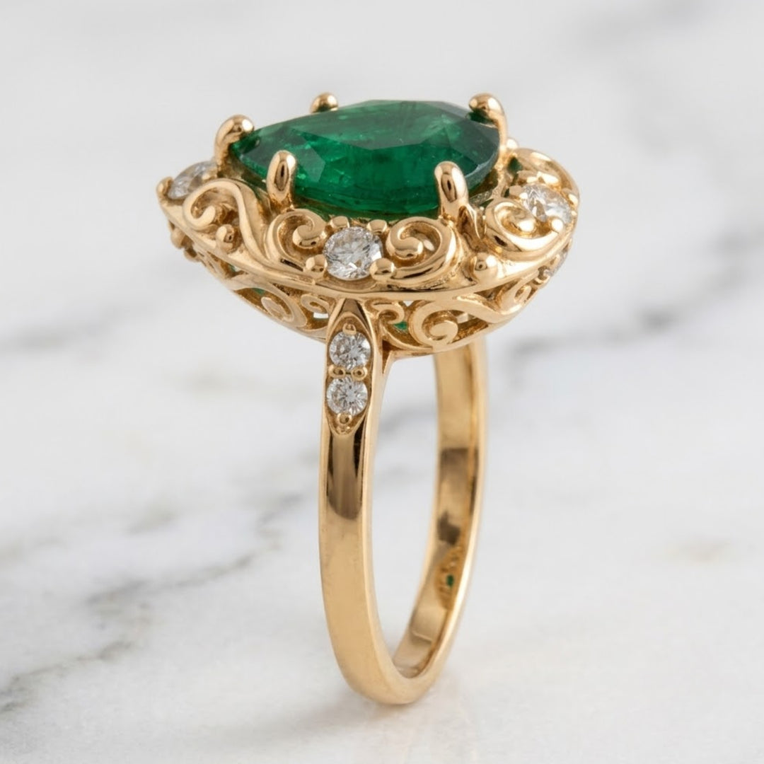2.85tcw Teardrop Natural Emerald & Diamond Spinkle Scroll Work Vintage Inspired Ring 18K Solid Gold