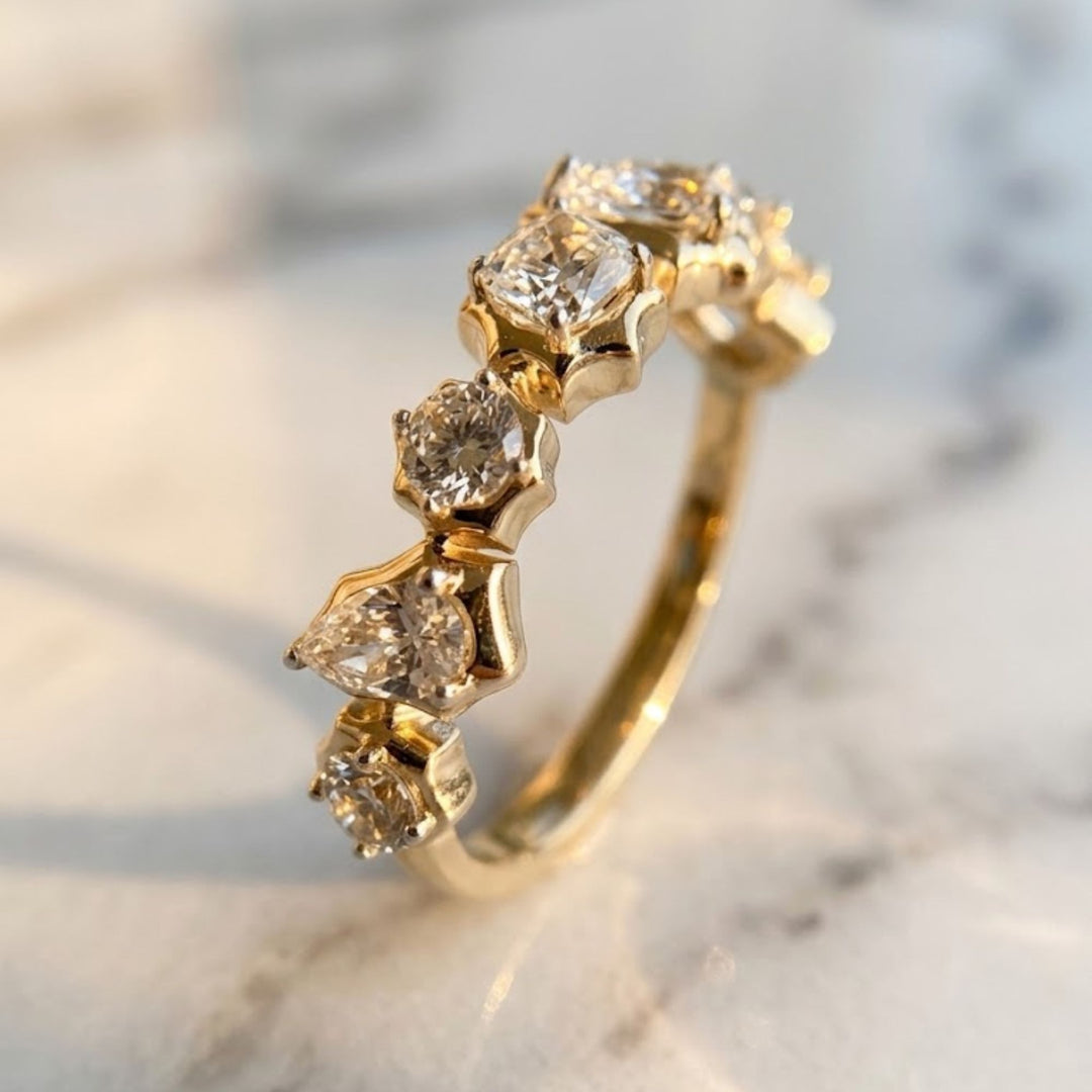 14K Gold Mixed Cut Diamond Band, Pear Cushion Round Diamond Ring, Multi Shape Wedding Band, Unique Bridal Ring, Gift For Her, Fine Jewelry