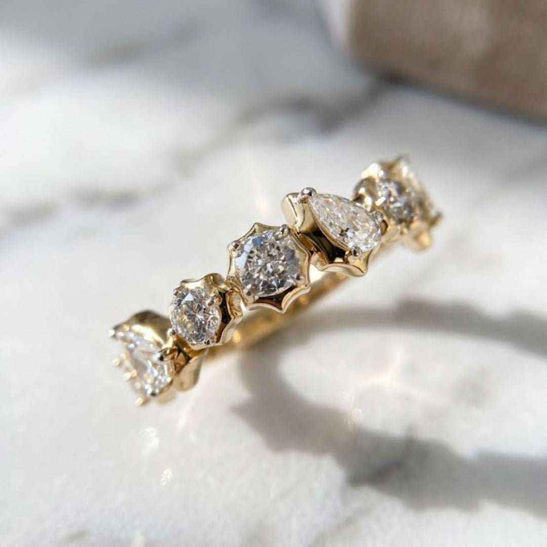 14K Gold Mixed Cut Diamond Band, Pear Cushion Round Diamond Ring, Multi Shape Wedding Band, Unique Bridal Ring, Gift For Her, Fine Jewelry
