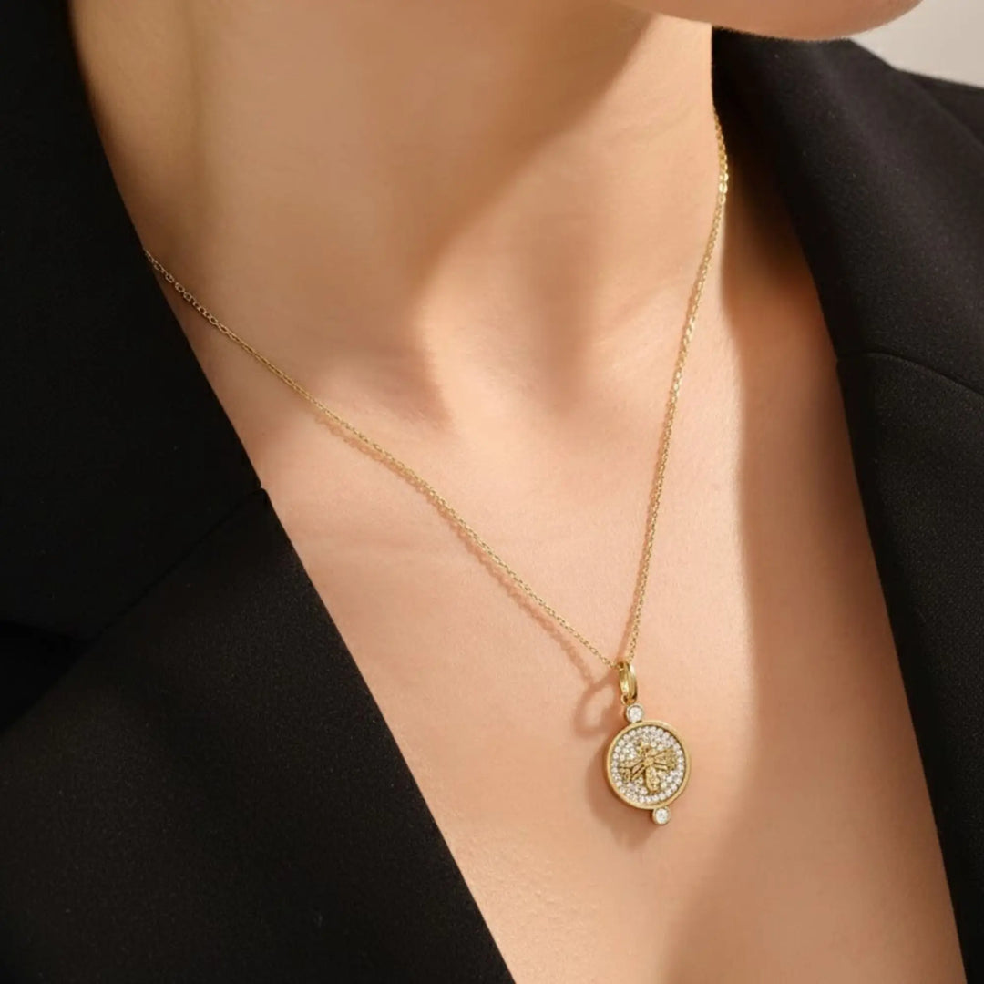 14K Solid Gold Queen Bee Necklace, Pavé Diamond Bee Pendant, Unique Round Pendant, Luxury Gift for Her Jwalin Jewels