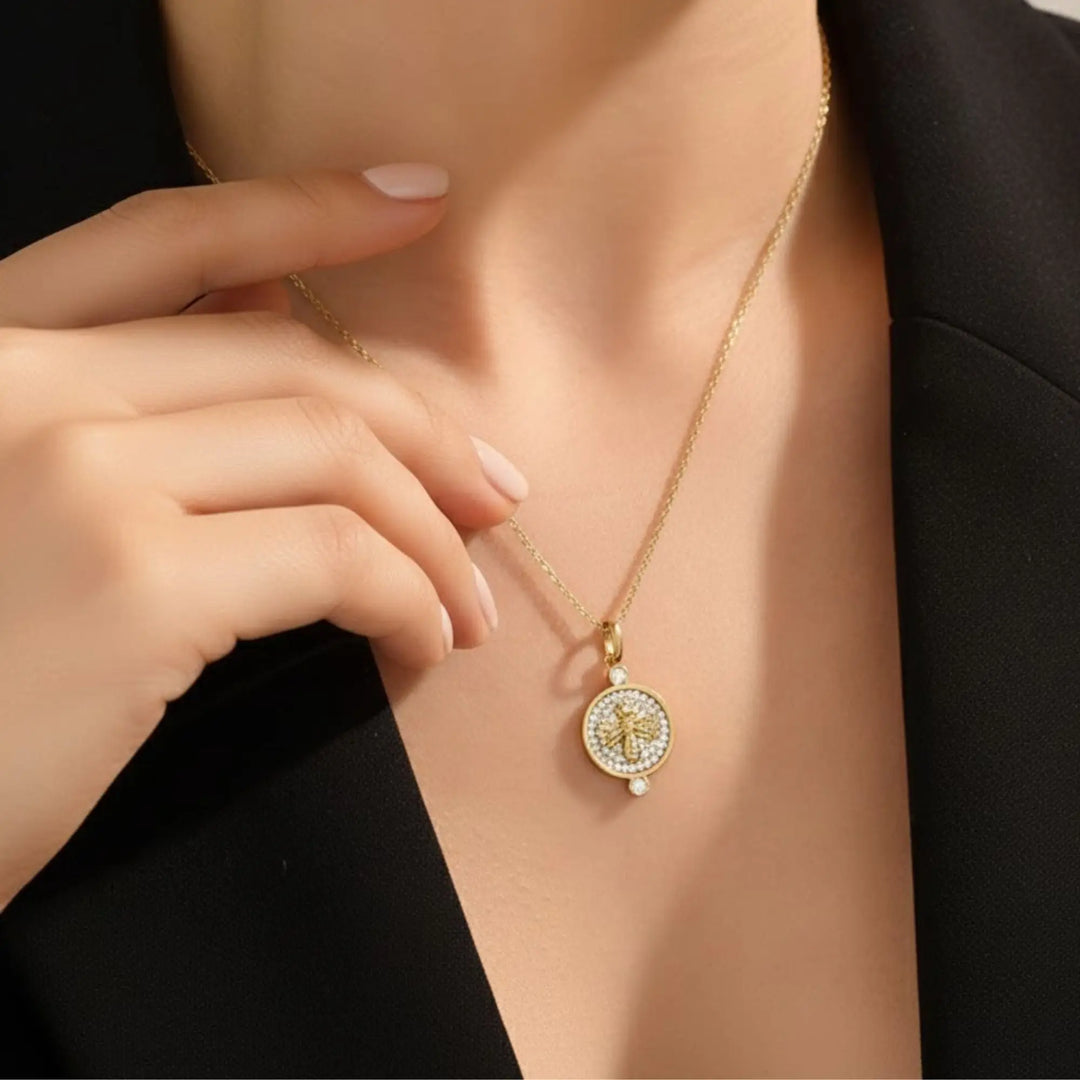14K Solid Gold Queen Bee Necklace, Pavé Diamond Bee Pendant, Unique Round Pendant, Luxury Gift for Her Jwalin Jewels