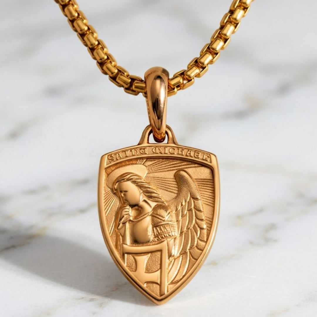 St Michael Amulet in 14K Solid Gold, Symbolic Talisman Jewelry, Spiritual Pendant, Heritage Inspired Keepsake