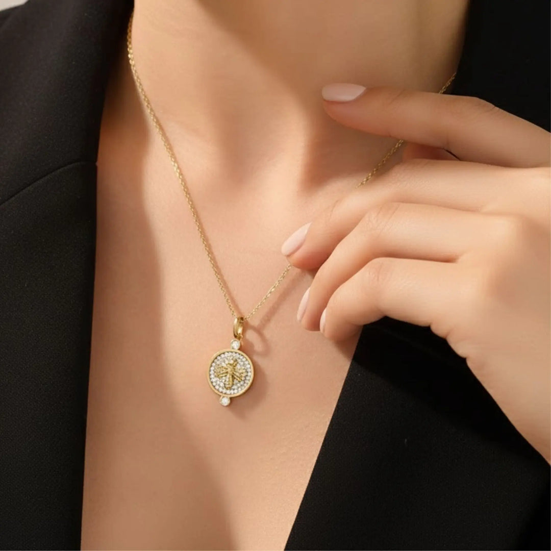 14K Solid Gold Queen Bee Necklace, Pavé Diamond Bee Pendant, Unique Round Pendant, Luxury Gift for Her Jwalin Jewels