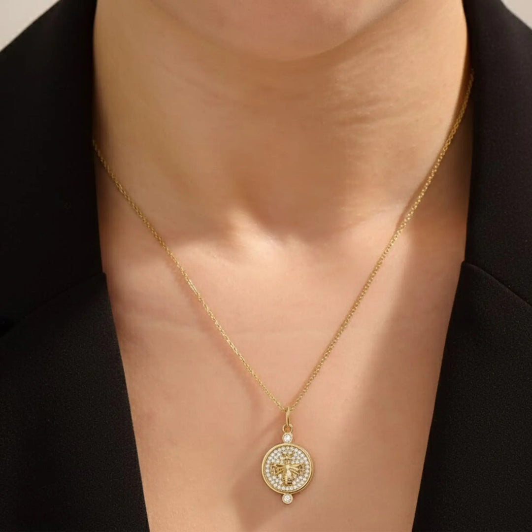 14K Solid Gold Queen Bee Necklace, Pavé Diamond Bee Pendant, Unique Round Pendant, Luxury Gift for Her Jwalin Jewels