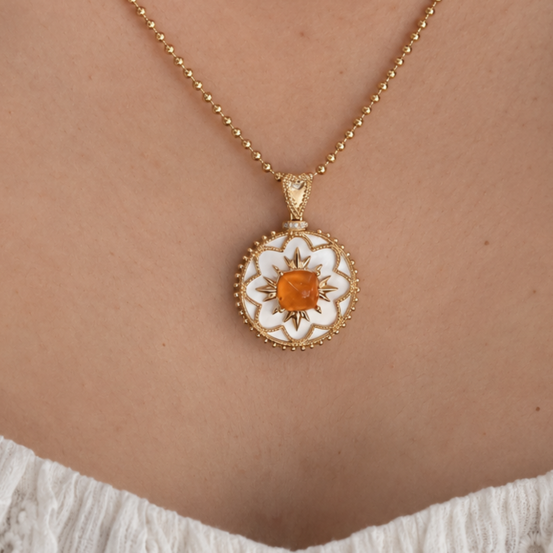 Natural Diamond & Natural Spessartite Garnet Necklace & 14K Solid Gold