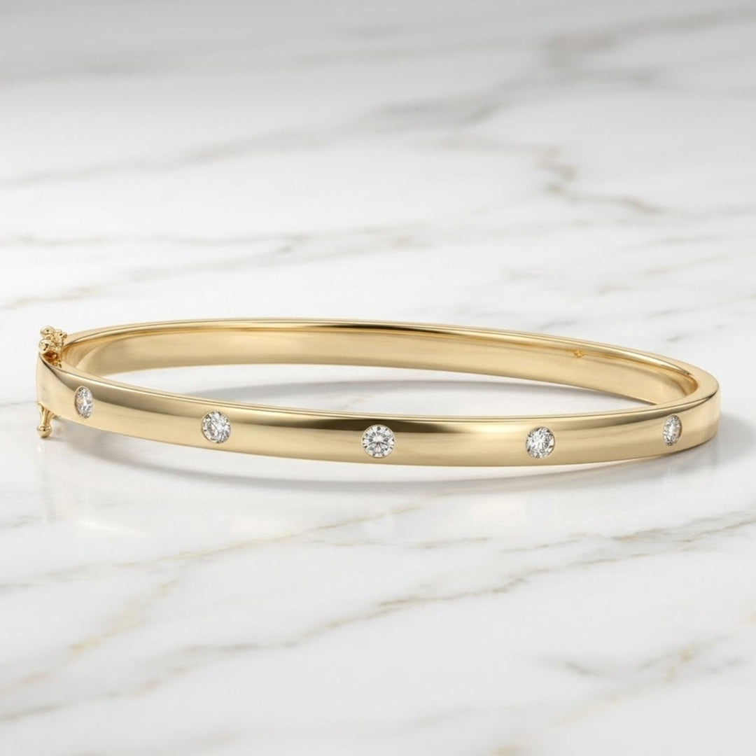 Solid Gold Bangle Bracelet for Women, Round Cut Diamond Bracelet Bangle, Open Bangle Bracelet, Anniversary gift, Gift For Her