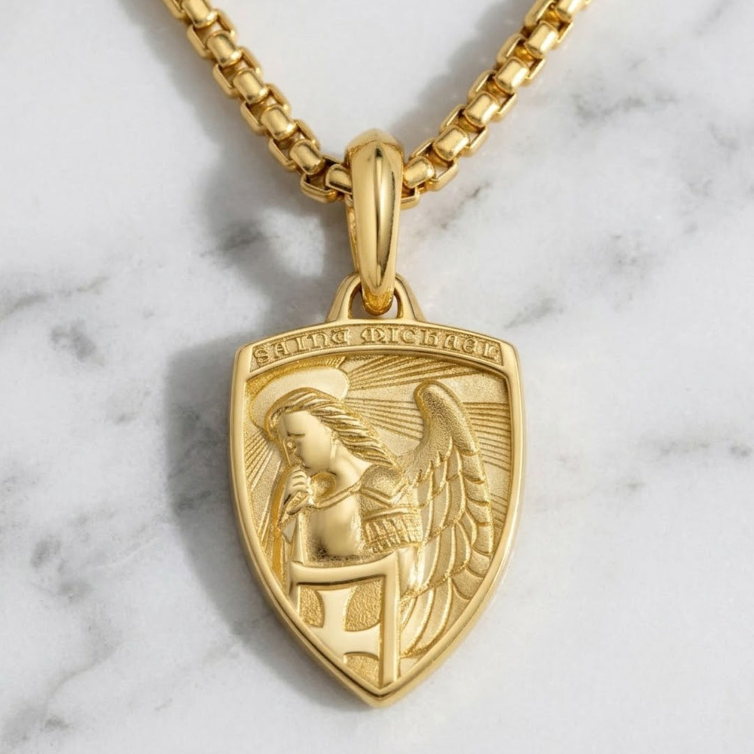 St Michael Amulet in 14K Solid Gold, Symbolic Talisman Jewelry, Spiritual Pendant, Heritage Inspired Keepsake