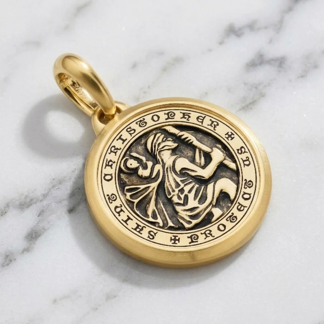 St Christopher Amulet Necklace in 14K Solid Gold, Spiritual Talisman Pendant, Meaningful Jewelry, Gift for Boyfriend, Customizable.