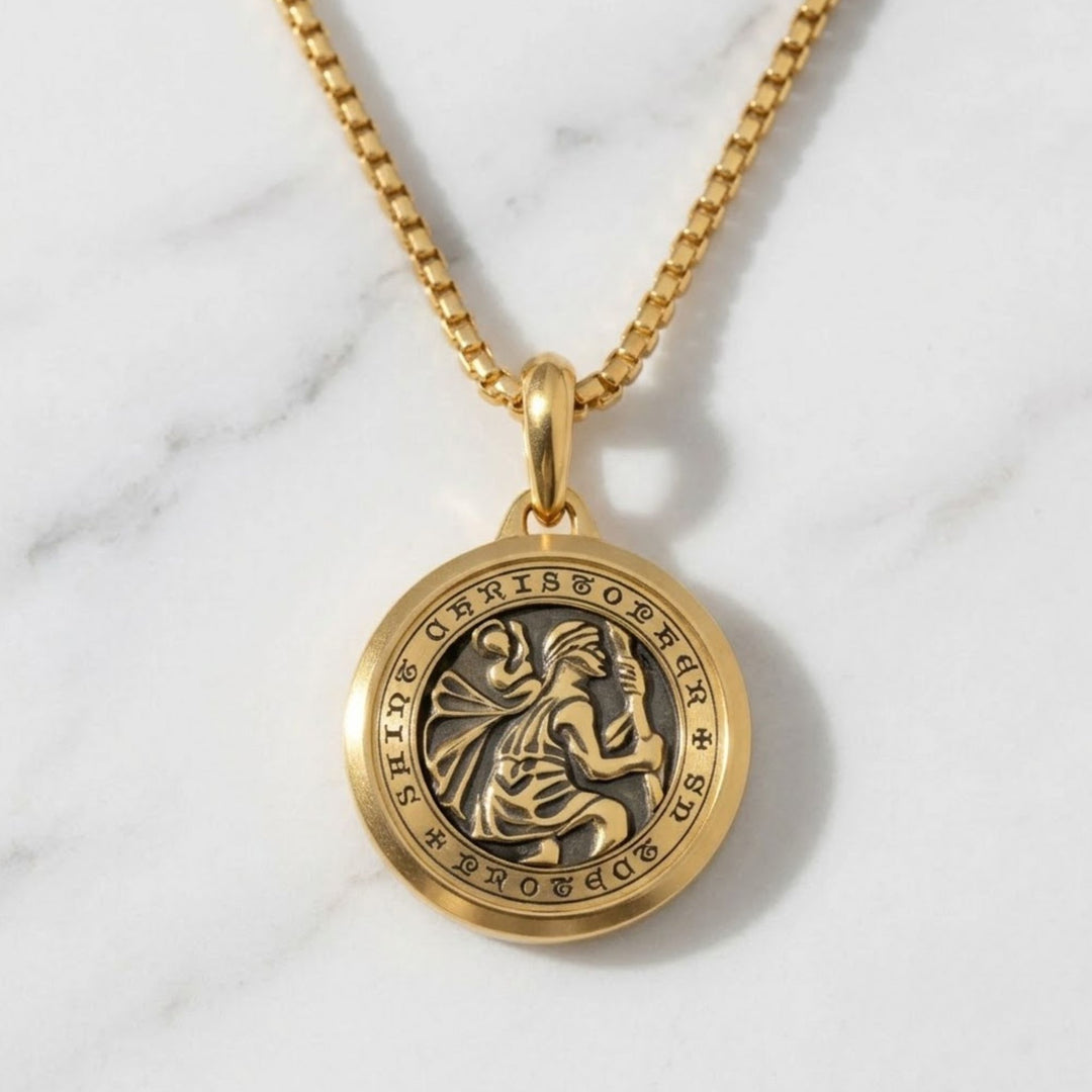 St Christopher Amulet Necklace in 14K Solid Gold, Spiritual Talisman Pendant, Meaningful Jewelry, Gift for Boyfriend, Customizable.