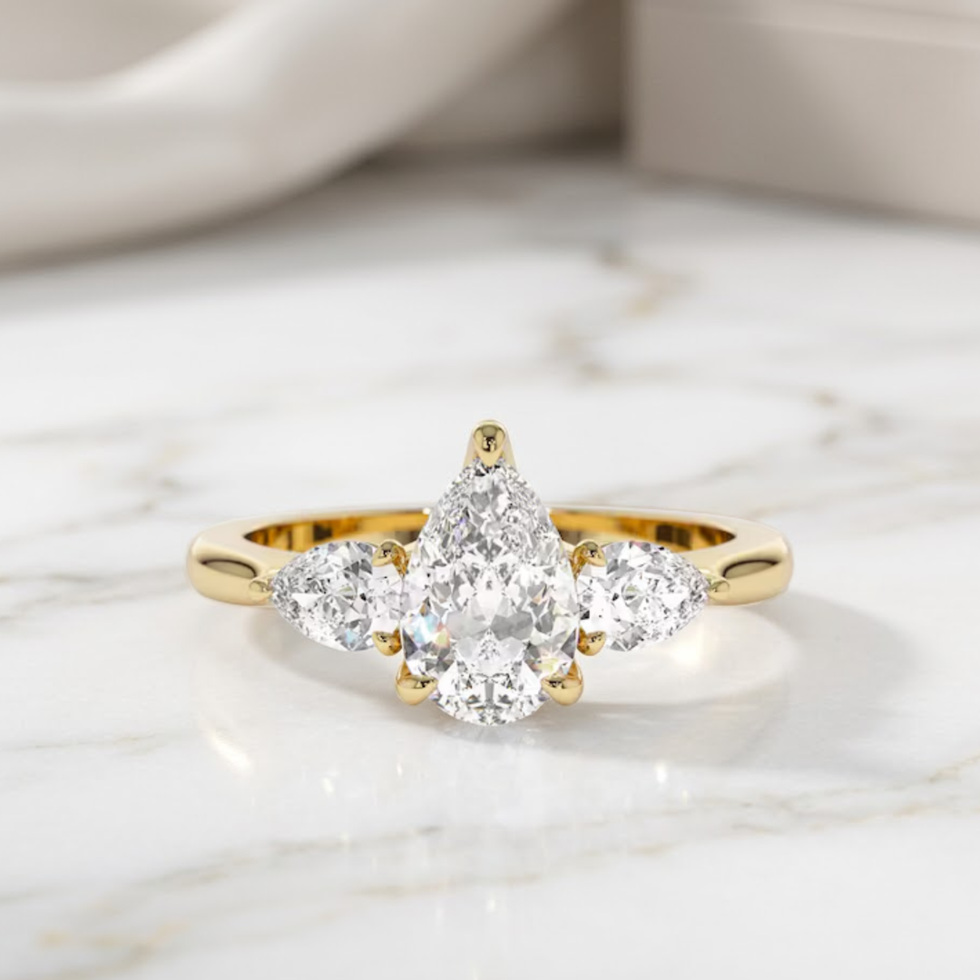 Engagement Ring Pear Shape, 1.50 ctw 14k Gold Pear Shaped Lab Grown Diamond Three Stone Engagement Ring, Minimalist Dainty Wedding Ring Emma