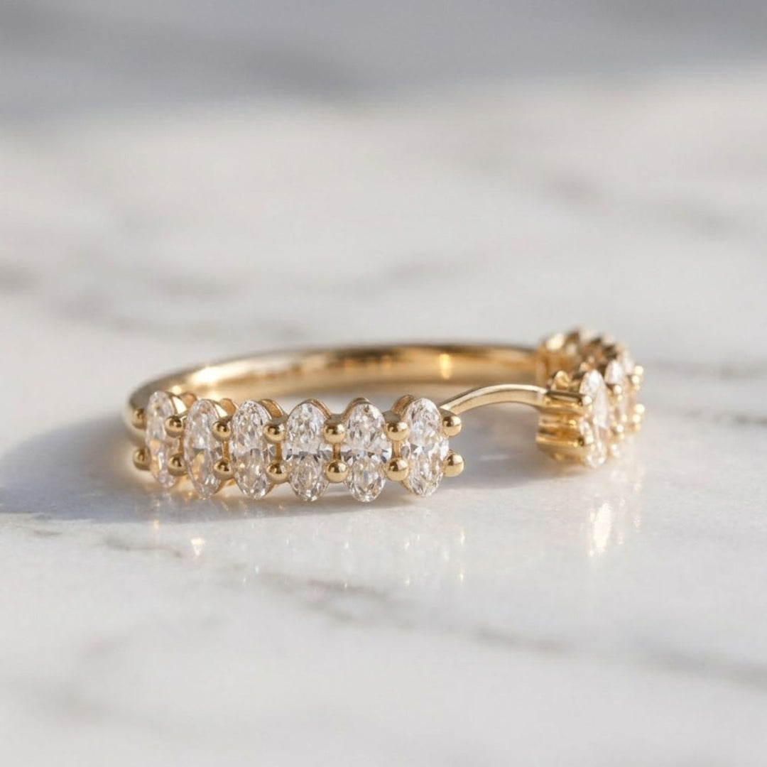 4x2mm Oval Lab Grown Diamond Notch Wedding Band Oval Cut Lab Diamond half Eternity Band Anniversary Band Women bridal Stacking Matching Band