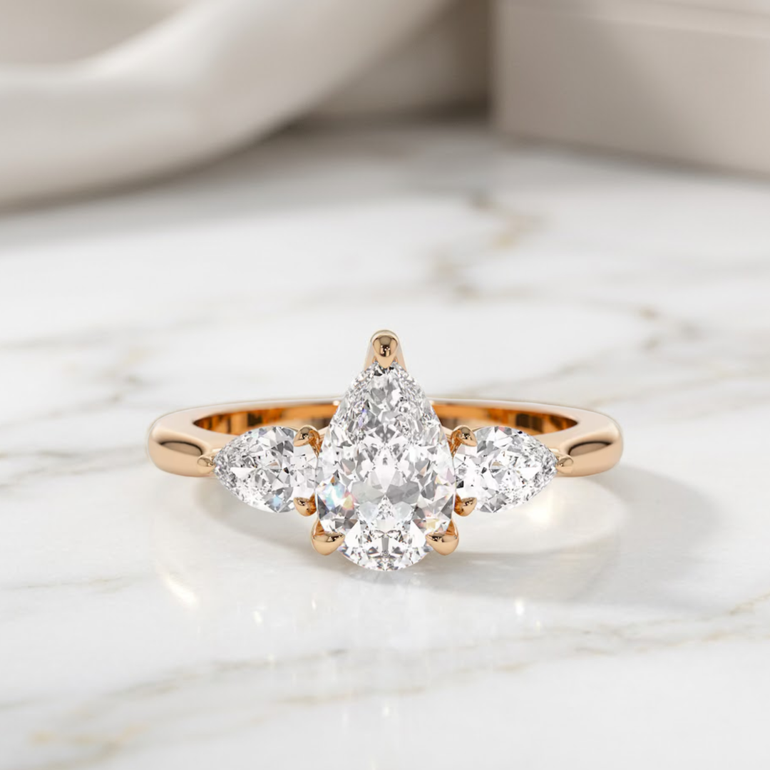 Engagement Ring Pear Shape, 1.50 ctw 14k Gold Pear Shaped Lab Grown Diamond Three Stone Engagement Ring, Minimalist Dainty Wedding Ring Emma