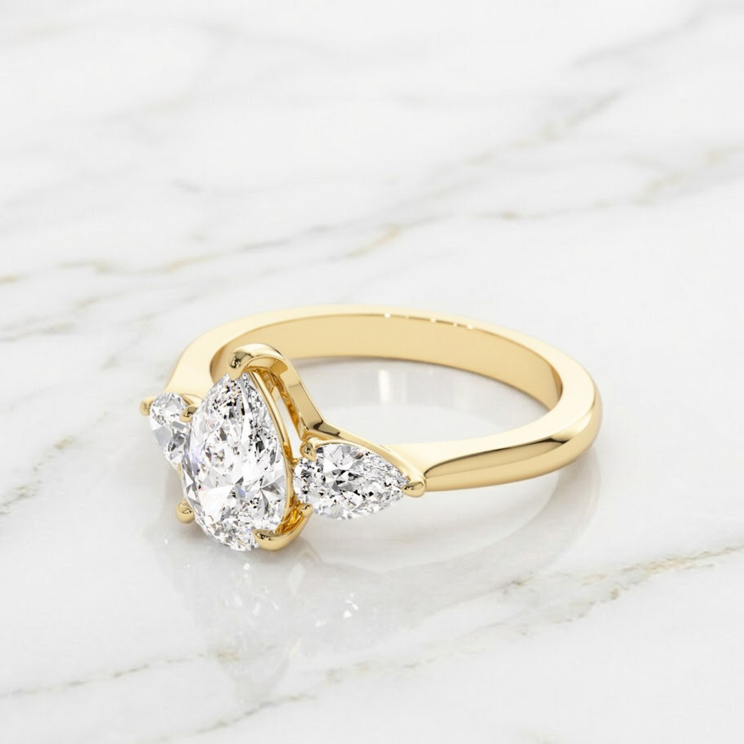 Engagement Ring Pear Shape, 1.50 ctw 14k Gold Pear Shaped Lab Grown Diamond Three Stone Engagement Ring, Minimalist Dainty Wedding Ring Emma