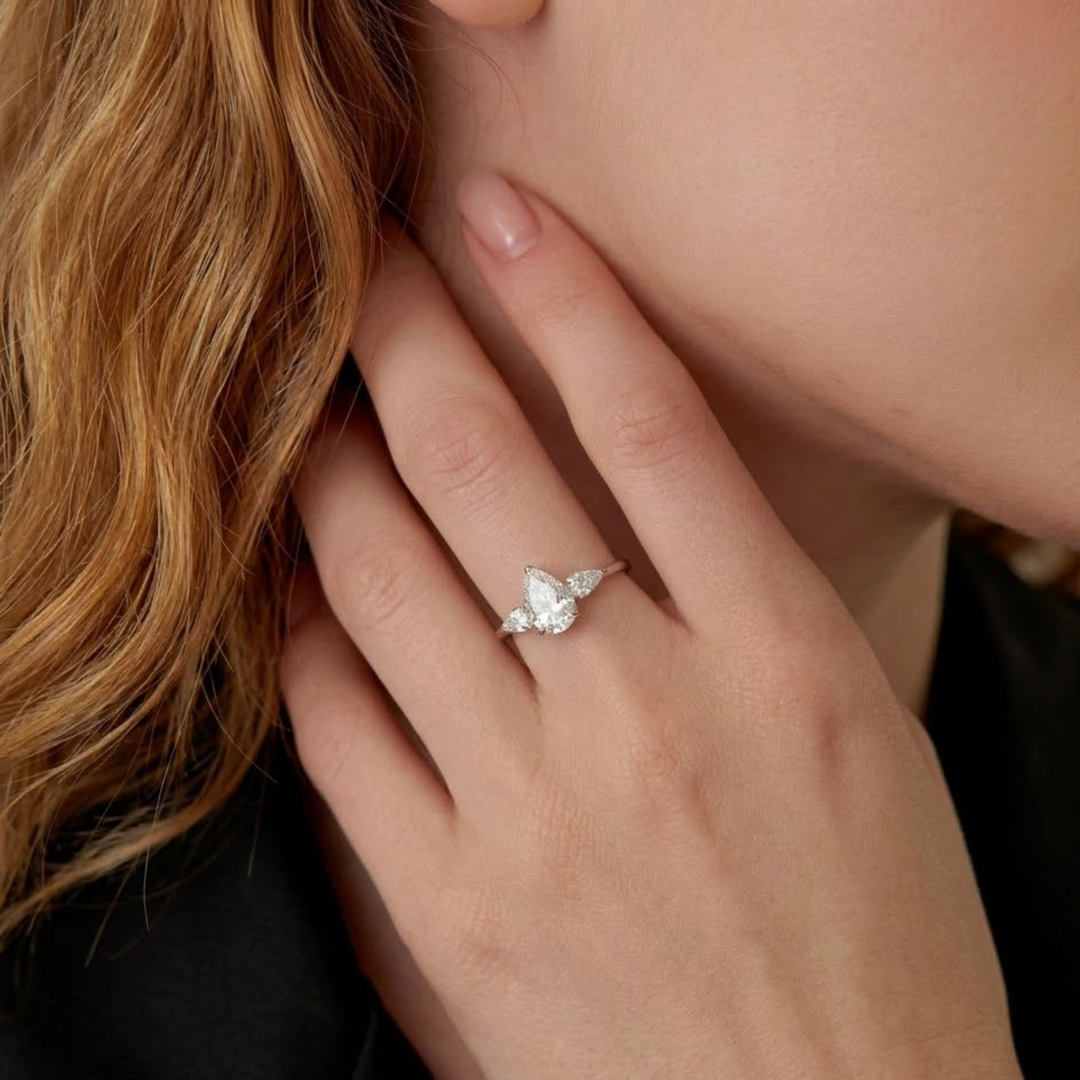 Engagement Ring Pear Shape, 1.50 ctw 14k Gold Pear Shaped Lab Grown Diamond Three Stone Engagement Ring, Minimalist Dainty Wedding Ring Emma