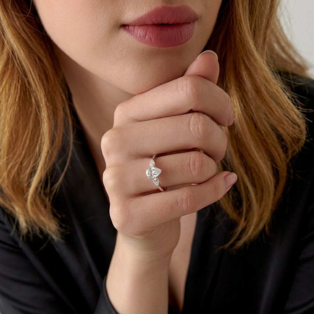 Engagement Ring Pear Shape, 1.50 ctw 14k Gold Pear Shaped Lab Grown Diamond Three Stone Engagement Ring, Minimalist Dainty Wedding Ring Emma