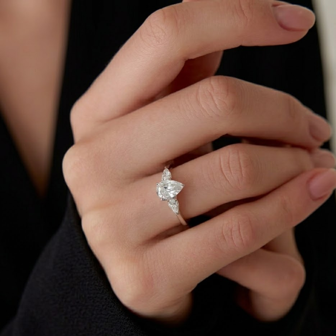 Engagement Ring Pear Shape, 1.50 ctw 14k Gold Pear Shaped Lab Grown Diamond Three Stone Engagement Ring, Minimalist Dainty Wedding Ring Emma