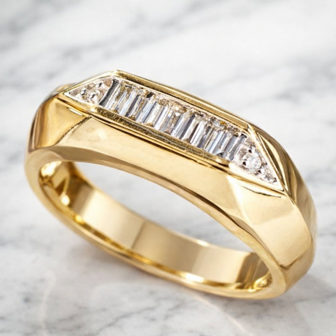Baguette Cut Lab Diamond Men's Ring, Filigree Diamond Wedding Ring, 14K Solid Gold Engagement Ring, Gift For Him