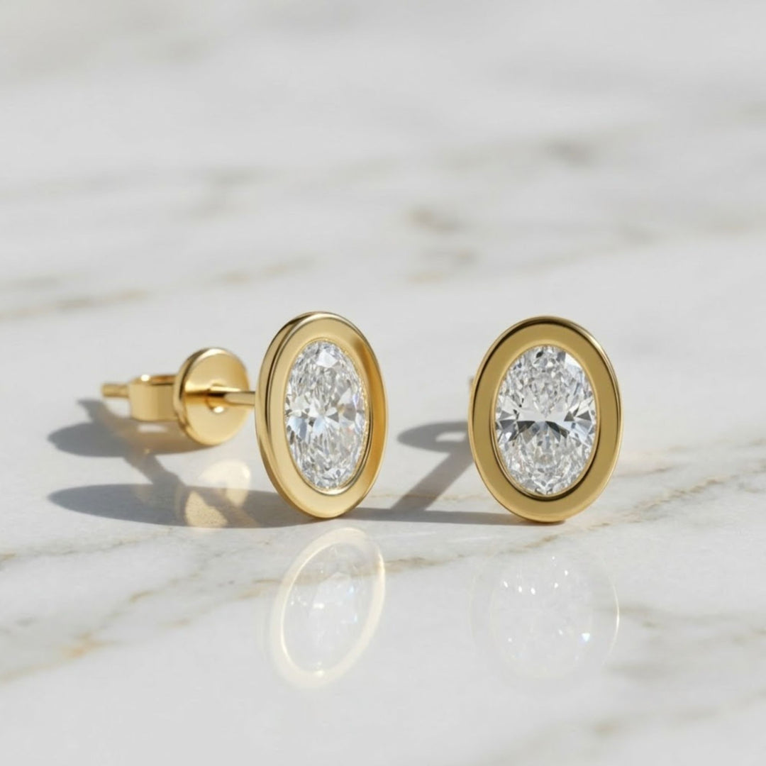 Lab Grown Diamond Earrings, 2CT Oval Bezel Studs in 9K, 14K, 18K Gold – Handmade, Certified Jewelry for Women