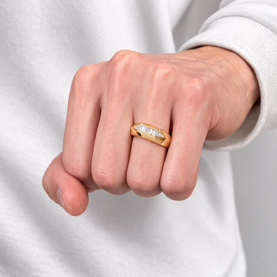 Baguette Cut Lab Diamond Men's Ring, Filigree Diamond Wedding Ring, 14K Solid Gold Engagement Ring, Gift For Him