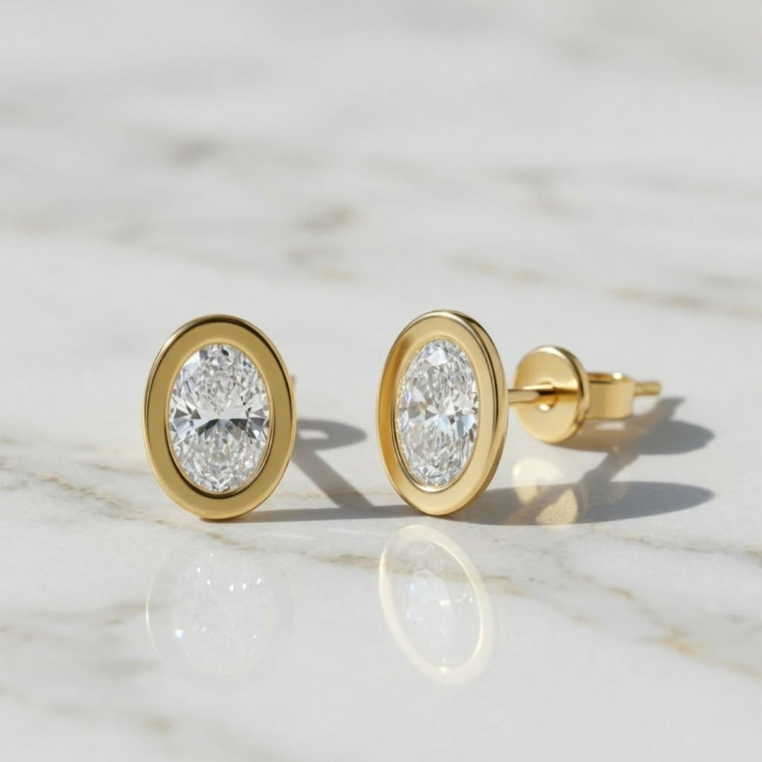 Lab Grown Diamond Earrings, 2CT Oval Bezel Studs in 9K, 14K, 18K Gold – Handmade, Certified Jewelry for Women