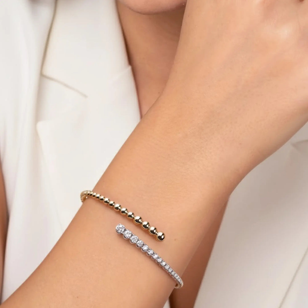 14K White and Yellow Gold Bujukan and Graduating Diamond Bypass Bangle Bracelet Jwalin Jewels