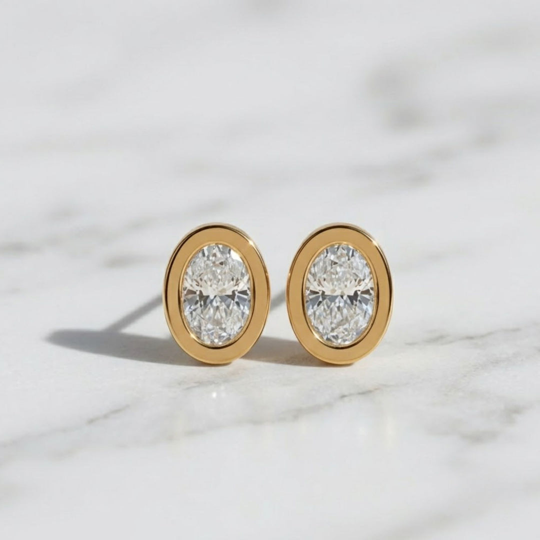 Lab Grown Diamond Earrings, 2CT Oval Bezel Studs in 9K, 14K, 18K Gold – Handmade, Certified Jewelry for Women