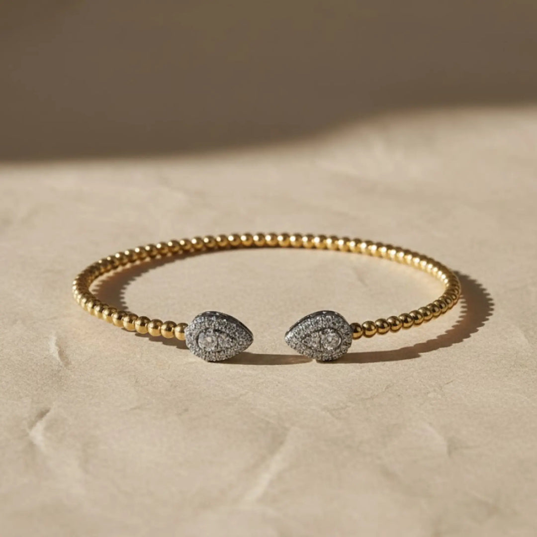 14K White & Yellow Gold Diamond Pear Shape Bujukan Bangle Bracelet | Two Tone Beaded Open Cuff | Minimal Luxury Fine Jewelry Jwalin Jewels