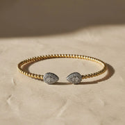 14K White & Yellow Gold Diamond Pear Shape Bujukan Bangle Bracelet | Two Tone Beaded Open Cuff | Minimal Luxury Fine Jewelry Jwalin Jewels