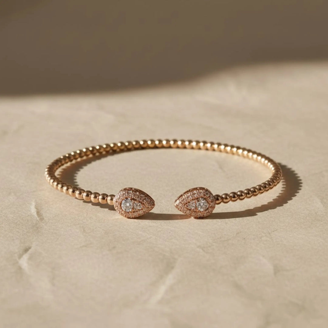 14K White & Yellow Gold Diamond Pear Shape Bujukan Bangle Bracelet | Two Tone Beaded Open Cuff | Minimal Luxury Fine Jewelry Jwalin Jewels
