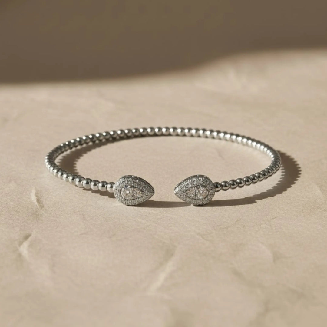 14K White & Yellow Gold Diamond Pear Shape Bujukan Bangle Bracelet | Two Tone Beaded Open Cuff | Minimal Luxury Fine Jewelry Jwalin Jewels