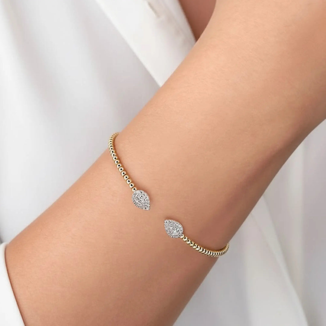 14K White & Yellow Gold Diamond Pear Shape Bujukan Bangle Bracelet | Two Tone Beaded Open Cuff | Minimal Luxury Fine Jewelry Jwalin Jewels