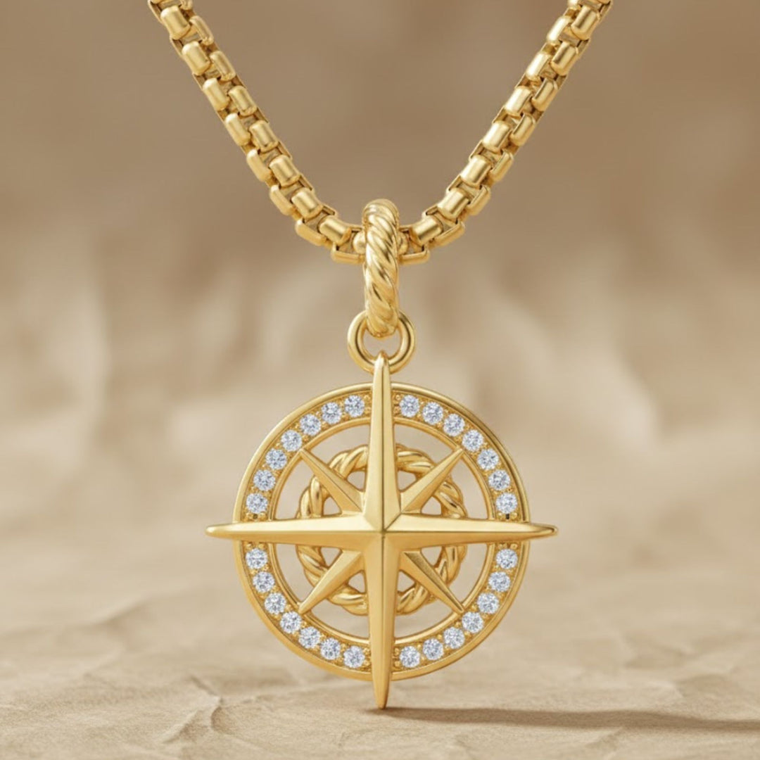 Gold compass pendant necklace, lab-grown diamond, 9K & 14K white/yellow/rose gold, celestial jewelry, navigation symbol, meaningful gift