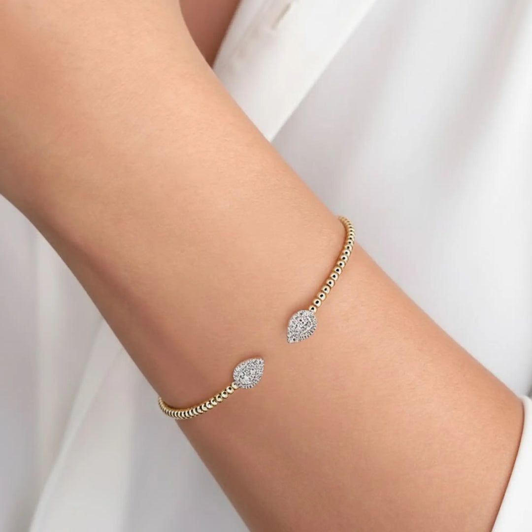 14K White & Yellow Gold Diamond Pear Shape Bujukan Bangle Bracelet | Two Tone Beaded Open Cuff | Minimal Luxury Fine Jewelry Jwalin Jewels