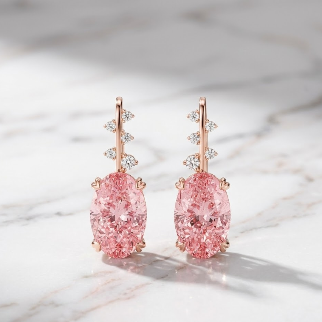 14K Gold Diamond Huggee Earrings, Micro Pave Hoop, Unique Hoop Earrings, Diamond Pink Oval Cut Hoop Earrings