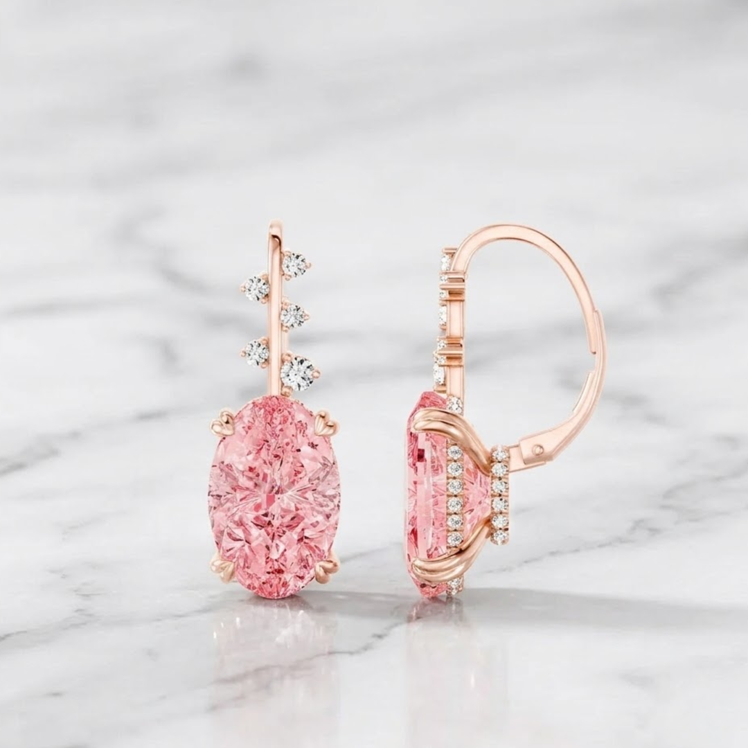 14K Gold Diamond Huggee Earrings, Micro Pave Hoop, Unique Hoop Earrings, Diamond Pink Oval Cut Hoop Earrings