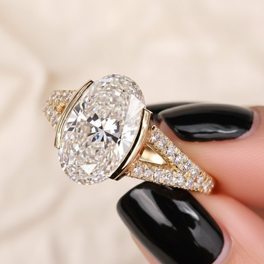 2 Carat Oval Lab Grown Diamond Engagement Ring, Half Bezel Set