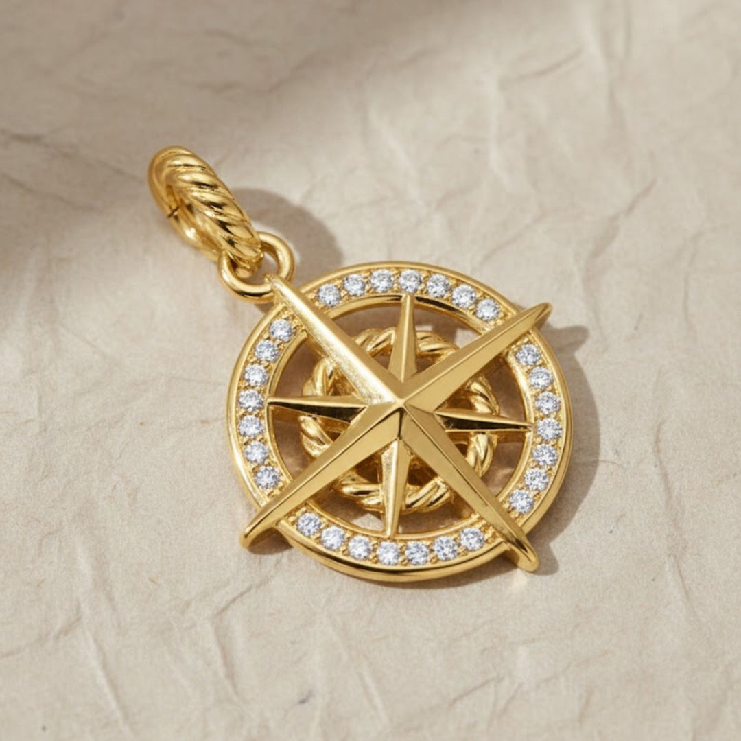 Gold compass pendant necklace, lab-grown diamond, 9K & 14K white/yellow/rose gold, celestial jewelry, navigation symbol, meaningful gift