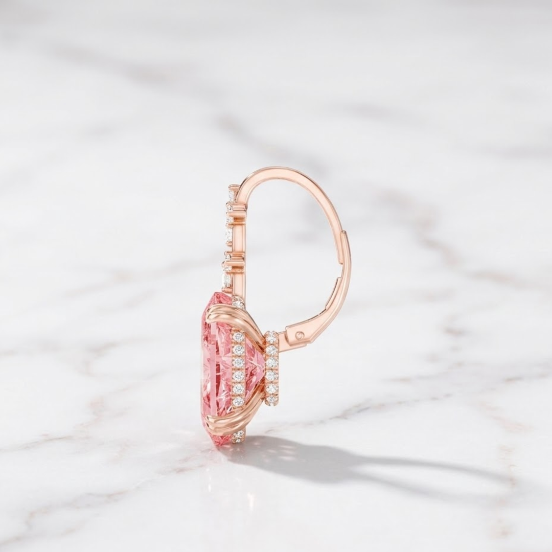 14K Gold Diamond Huggee Earrings, Micro Pave Hoop, Unique Hoop Earrings, Diamond Pink Oval Cut Hoop Earrings