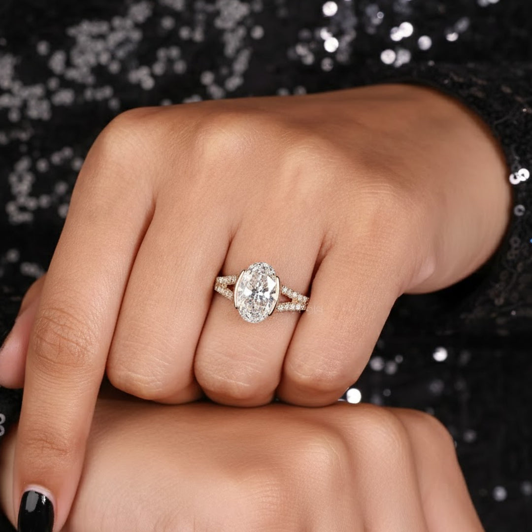 2 Carat Oval Lab Grown Diamond Engagement Ring, Half Bezel Set