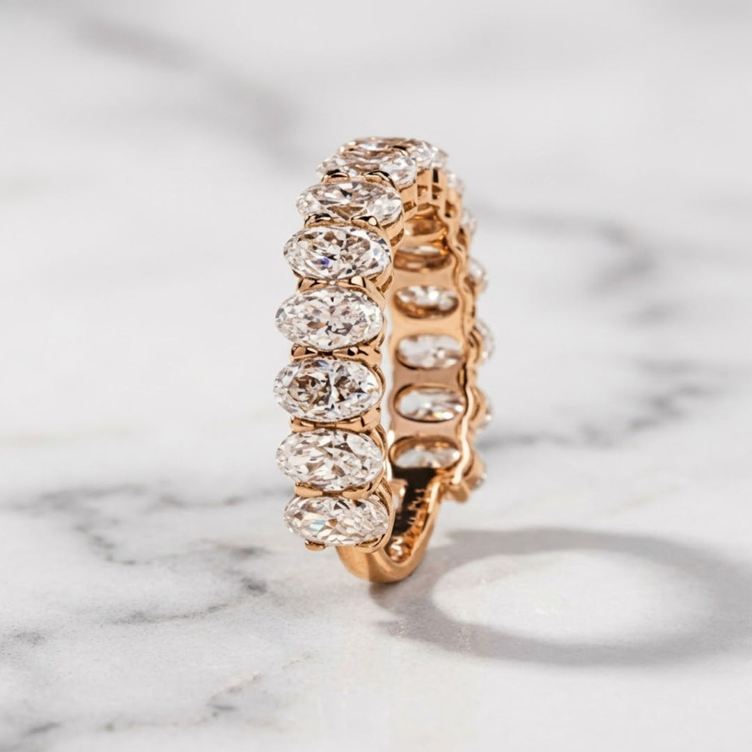 Oval Cut Lab Grown Diamond Wedding Band / CVD Diamond Stone Band / 14K Solid Gold Engagement Band / Hand Made Diamond Anniversary Band