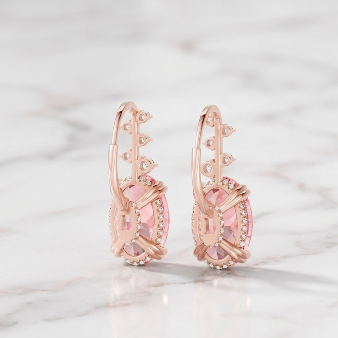 14K Gold Diamond Huggee Earrings, Micro Pave Hoop, Unique Hoop Earrings, Diamond Pink Oval Cut Hoop Earrings