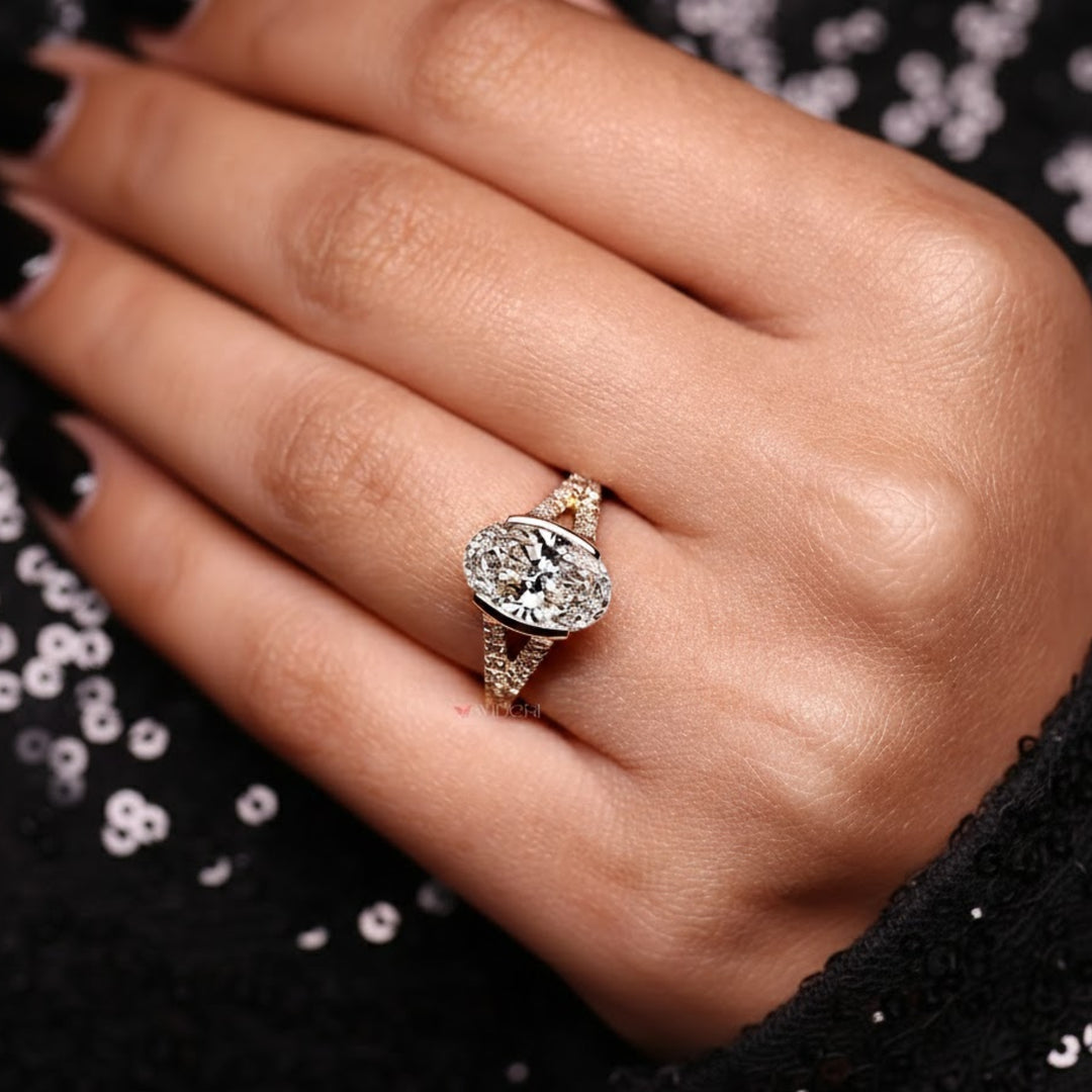 2 Carat Oval Lab Grown Diamond Engagement Ring, Half Bezel Set